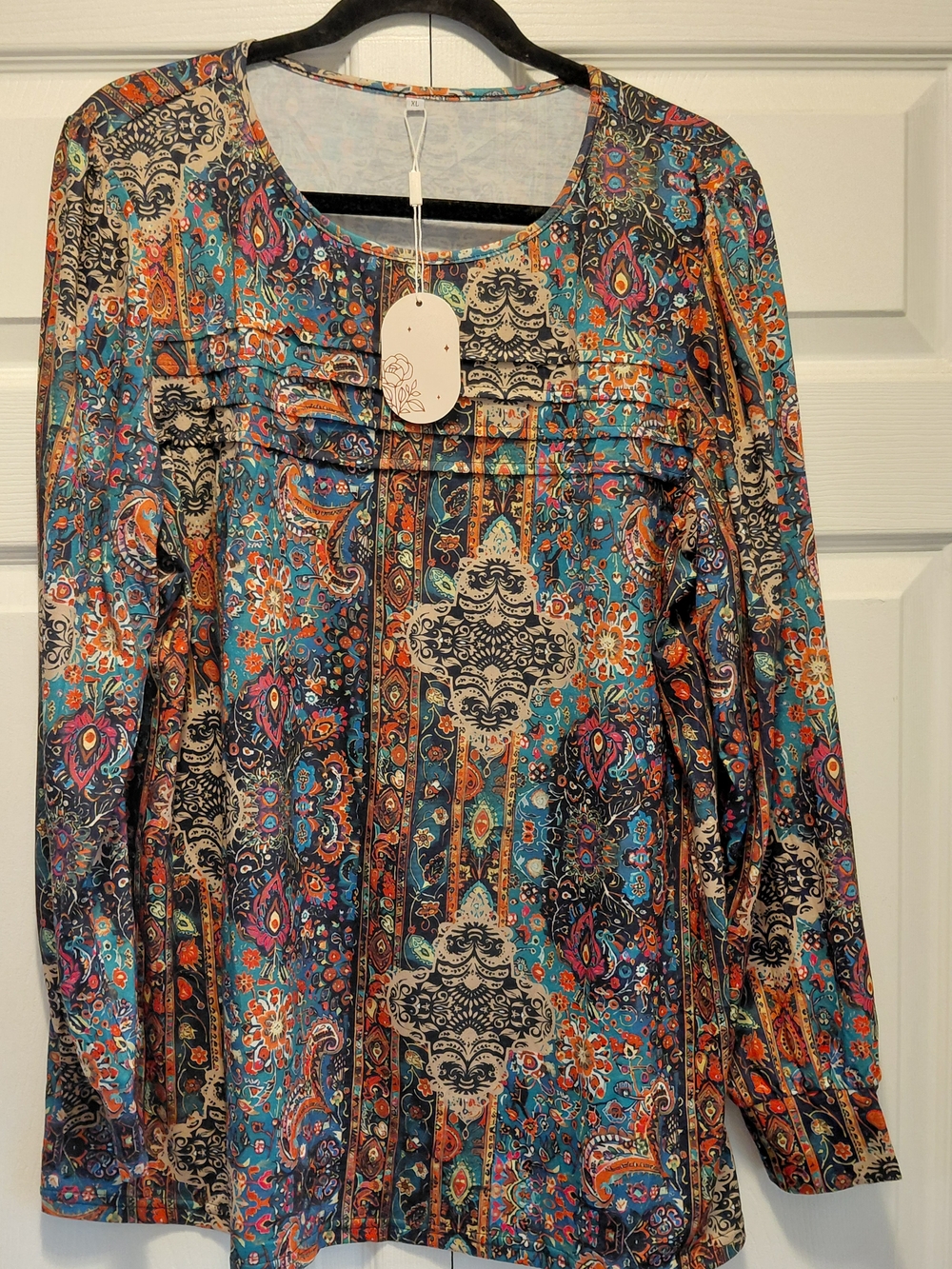 Boho Paisley Long Sleeve Top - Teal Multi